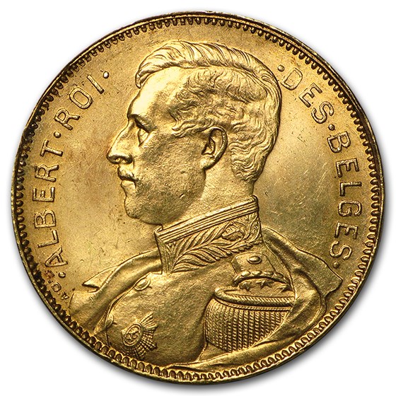 1914 Belgium Gold 20 Francs Albert I AU (French Inscription) 1914 Belgium Gold 20 Francs Albert I AU (French Inscription)